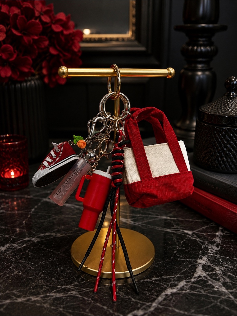 Red Mini Tote & Sneaker, lip gloss, mini cup & more Keychain Set